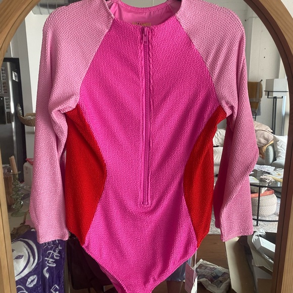 MUMU Pink and Red Long Sleeve Swimsuit NWT - Picture 2 of 3